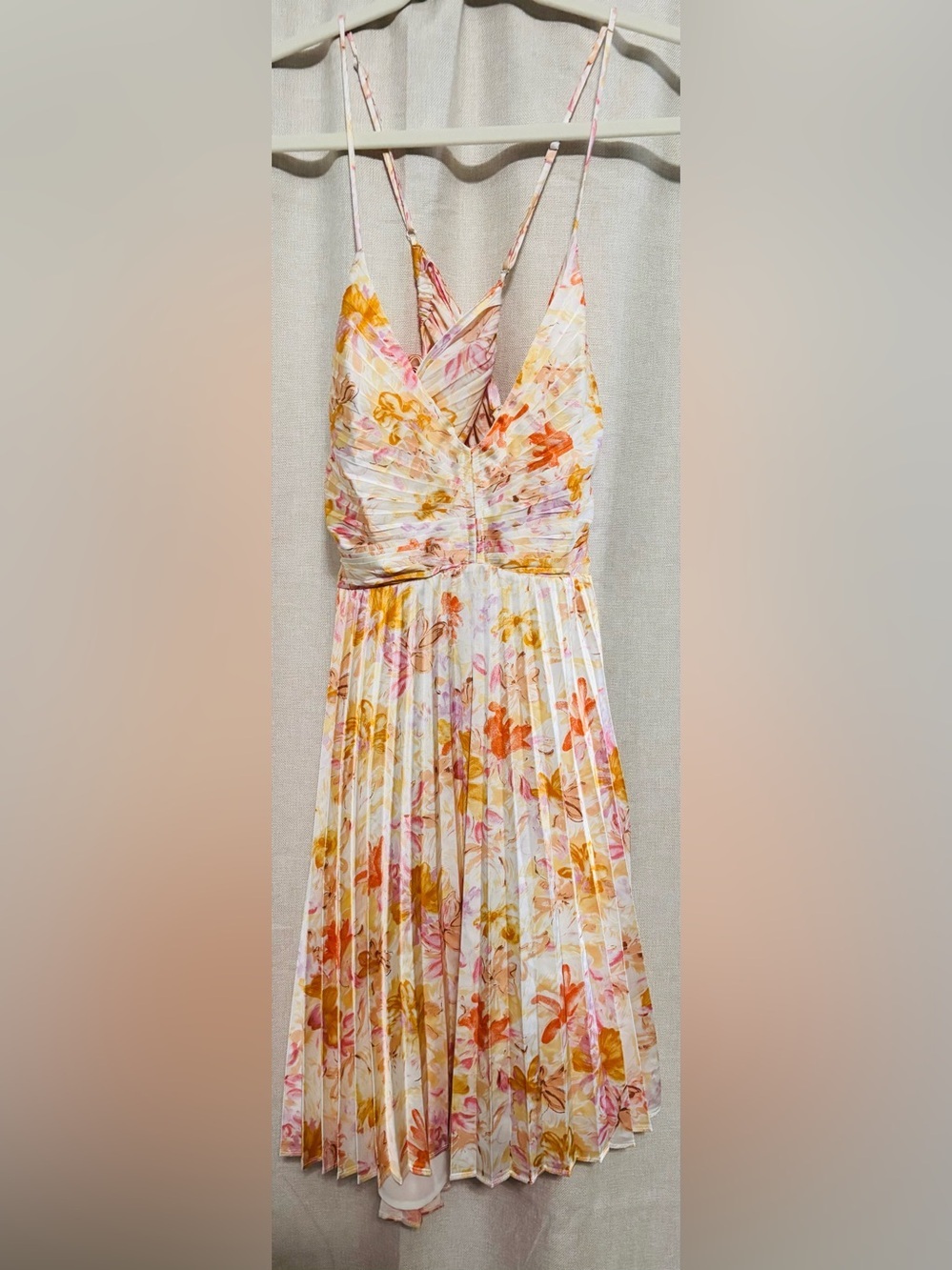 Astr Floral Pleated Spaghetti-Strap Mini Dress in Cream, Orange & Pink - Picture 3 of 6